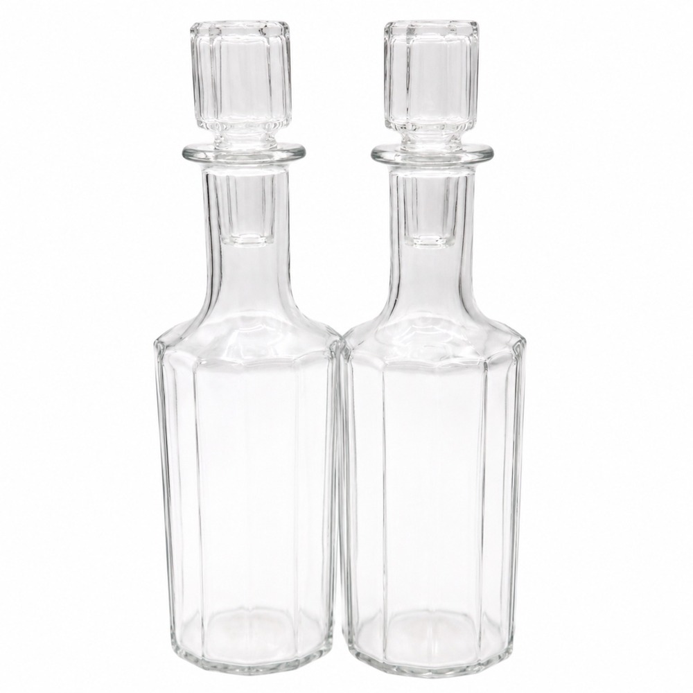 Vintage Clear Glass Oil Vinegar Cruet Set Pair Decanters Faceted Stoppers